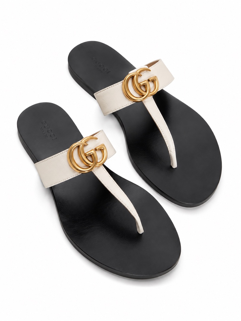 GUCCI GG Marmont Leather Thong Sandals White Double G 39